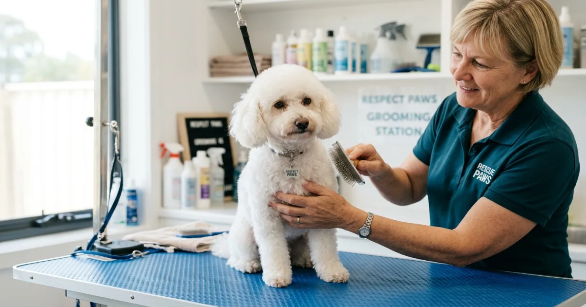 Newly adopted standard poodle exploring a secure backyard with tail softly wagging