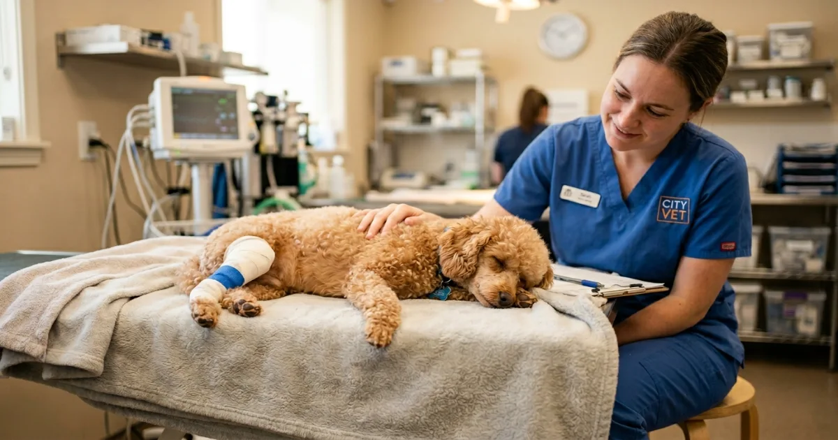 Toy poodle lifting a hind leg while walking, displaying the classic skipping gait of a luxating patella