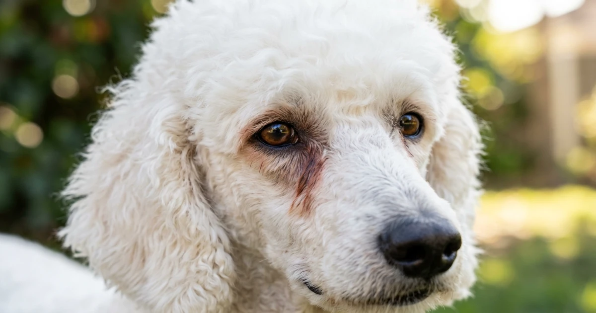 Anatomical close-up of a Poodle's eye showing tear duct position and lid margin