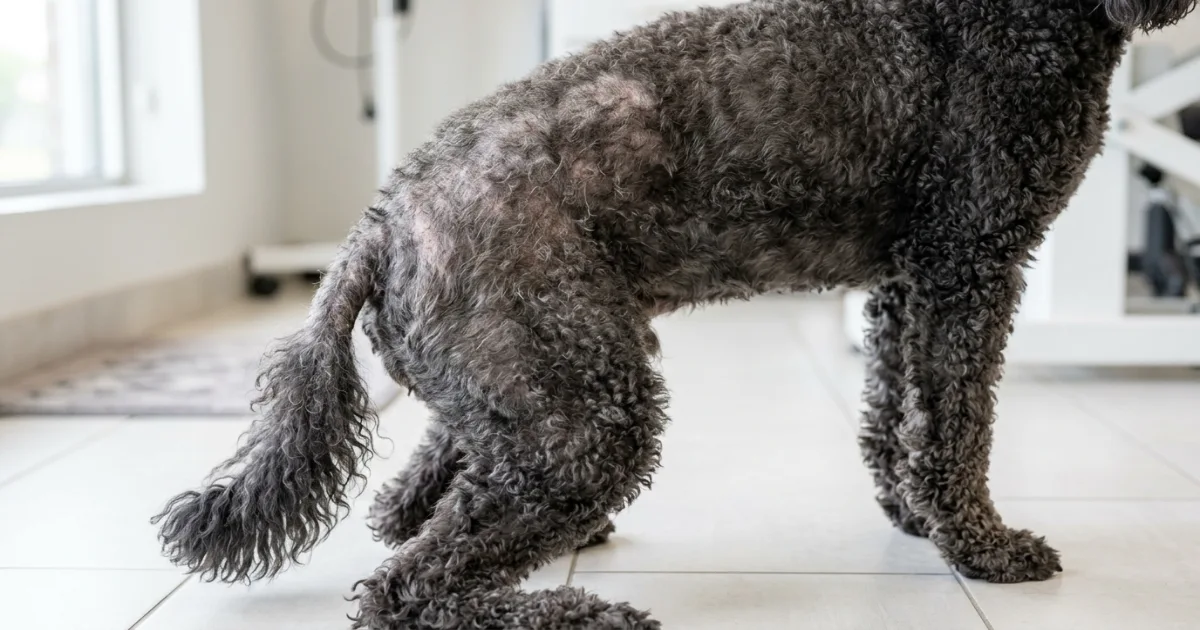 Illustration showing symptoms of poodle hypothyroidism including weight gain, hair loss, and lethargy
