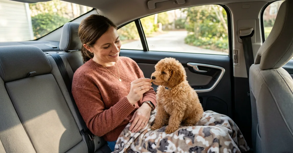 Veterinarian examining a Standard Poodle discussing car sickness treatment plan