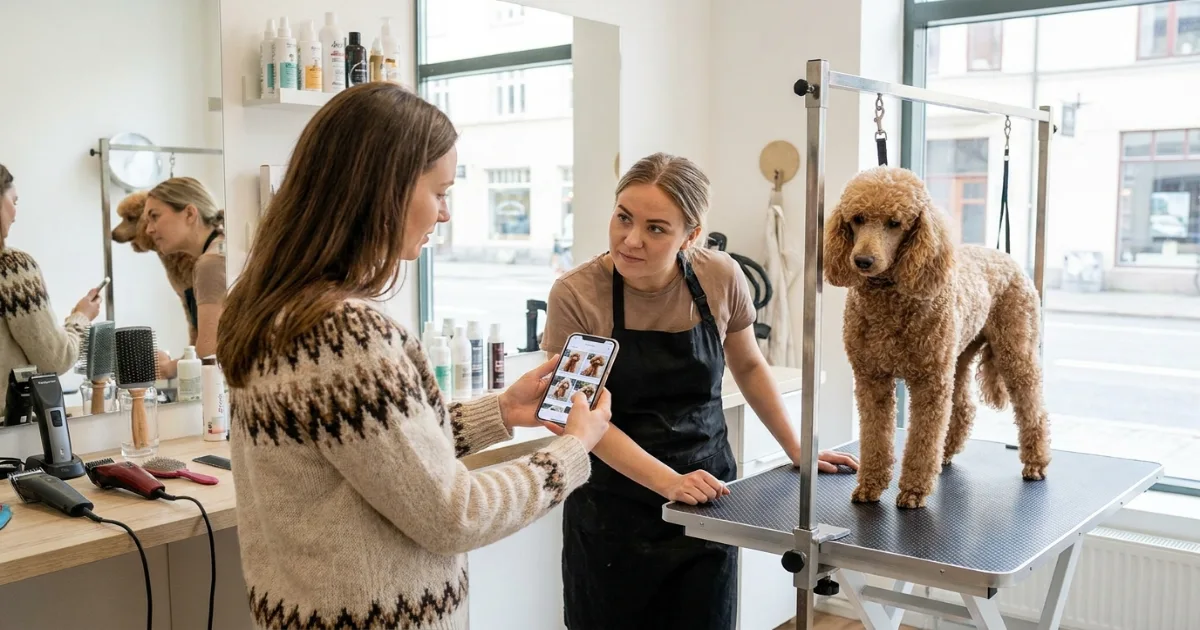 poodle owner showing photos to groomer for lamb cut vs puppy cut consultation