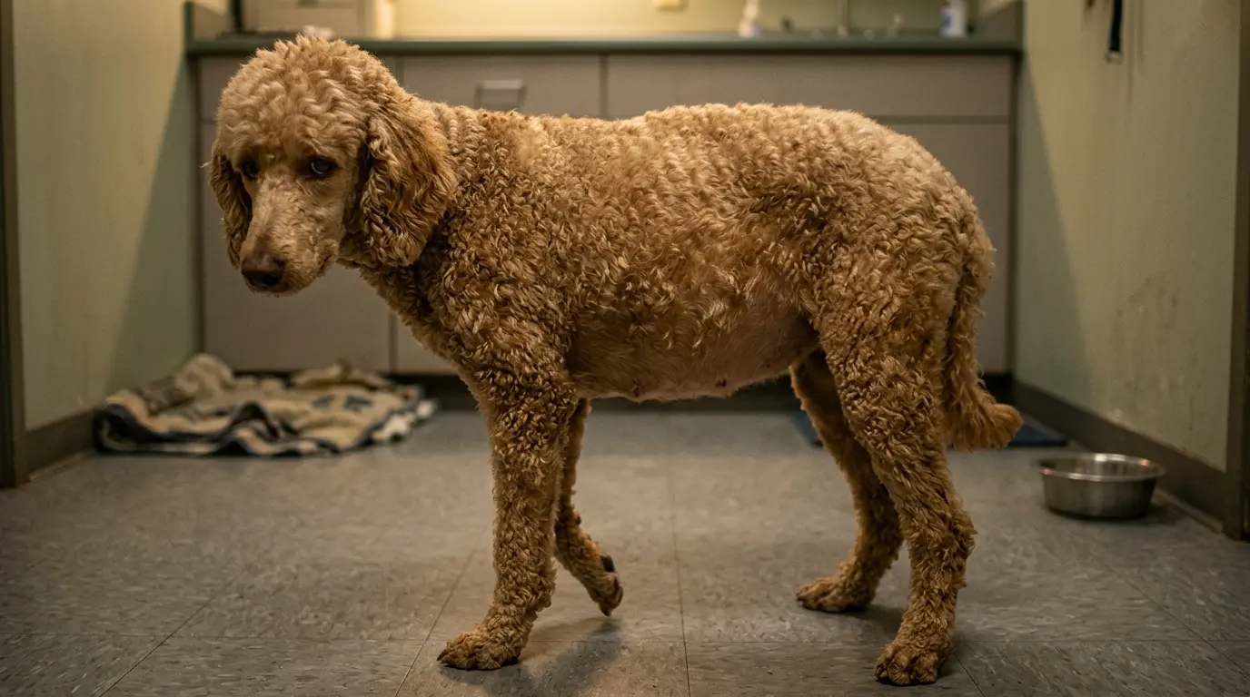 Standard Poodle showing early signs of bloat with a visibly distended abdomen and restlessness