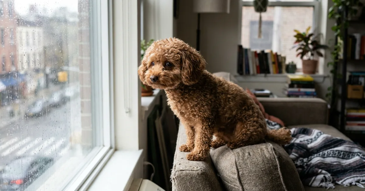 Anxious Toy Poodle staring out the window alone, showing early signs of poodle separation anxiety