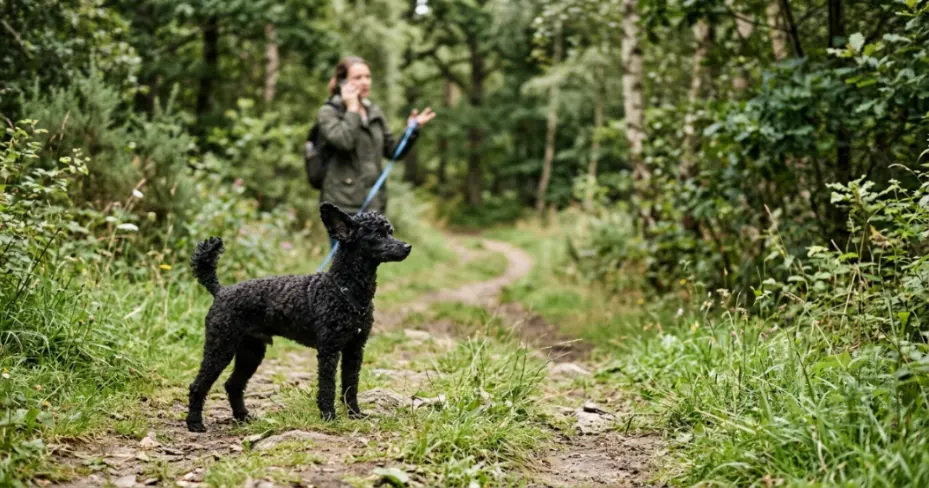 Joyful poodle running back to owner during off-leash recall exercise in a safe field