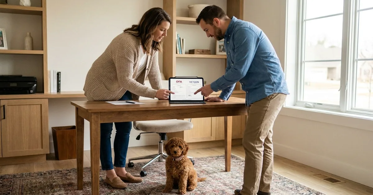 Person holding a poodle puppy while reviewing genetic testing paperwork with a breeder