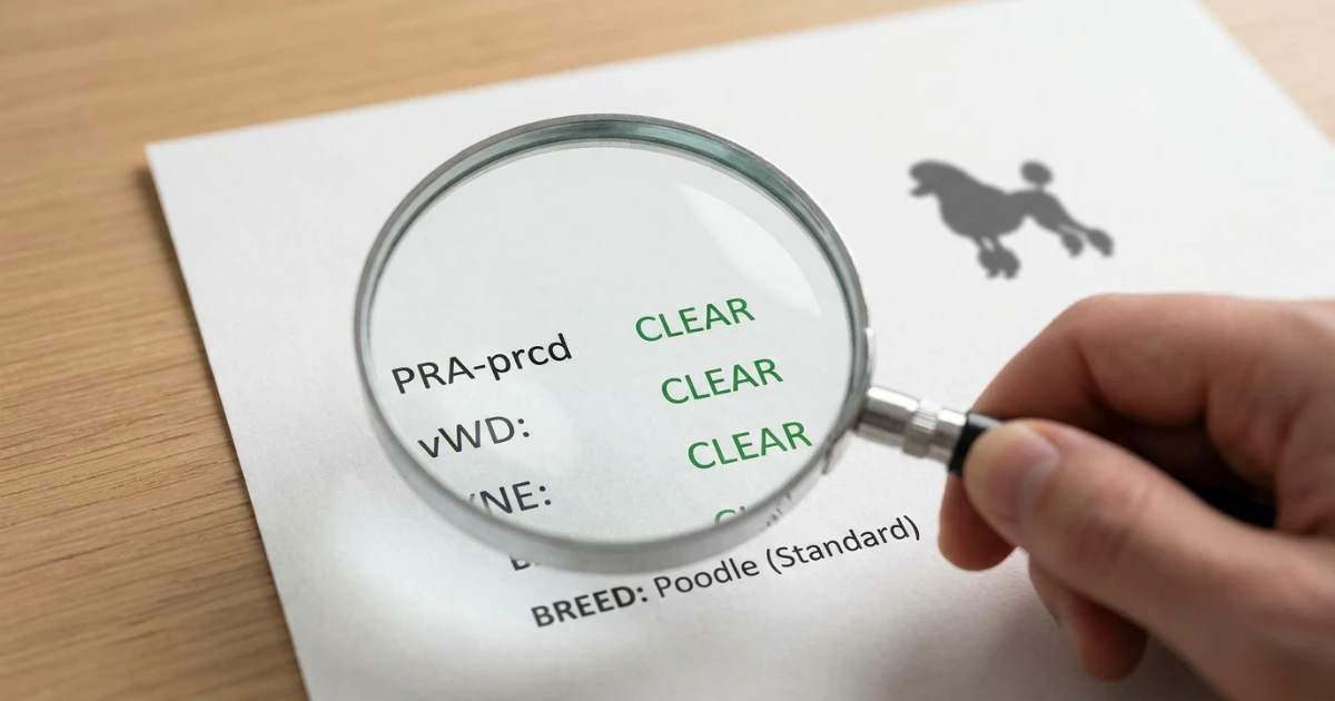 Printed poodle genetic testing results document showing clear status for PRA vWD and NE
