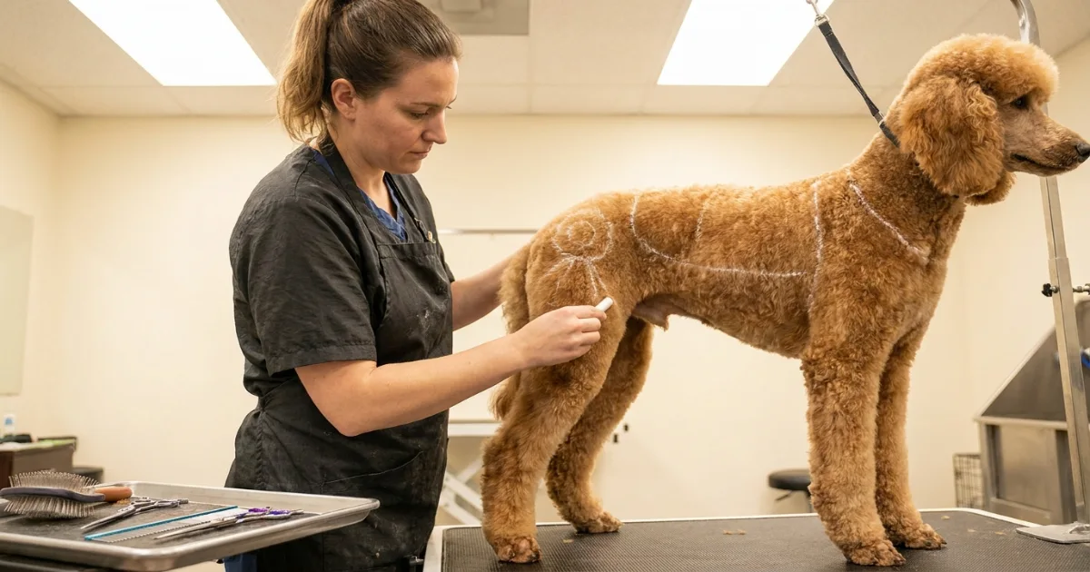 Professional groomer using chalk to mark the jacket and rosette placement on a poodle before clipping