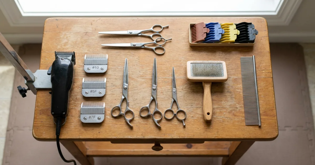 clippers, blades, scissors, comb, and brush arranged on a grooming table