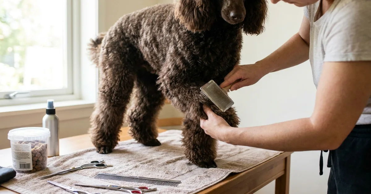 pristine poodle freshly groomed in a well-shaped cut, content beside its owner after a grooming session