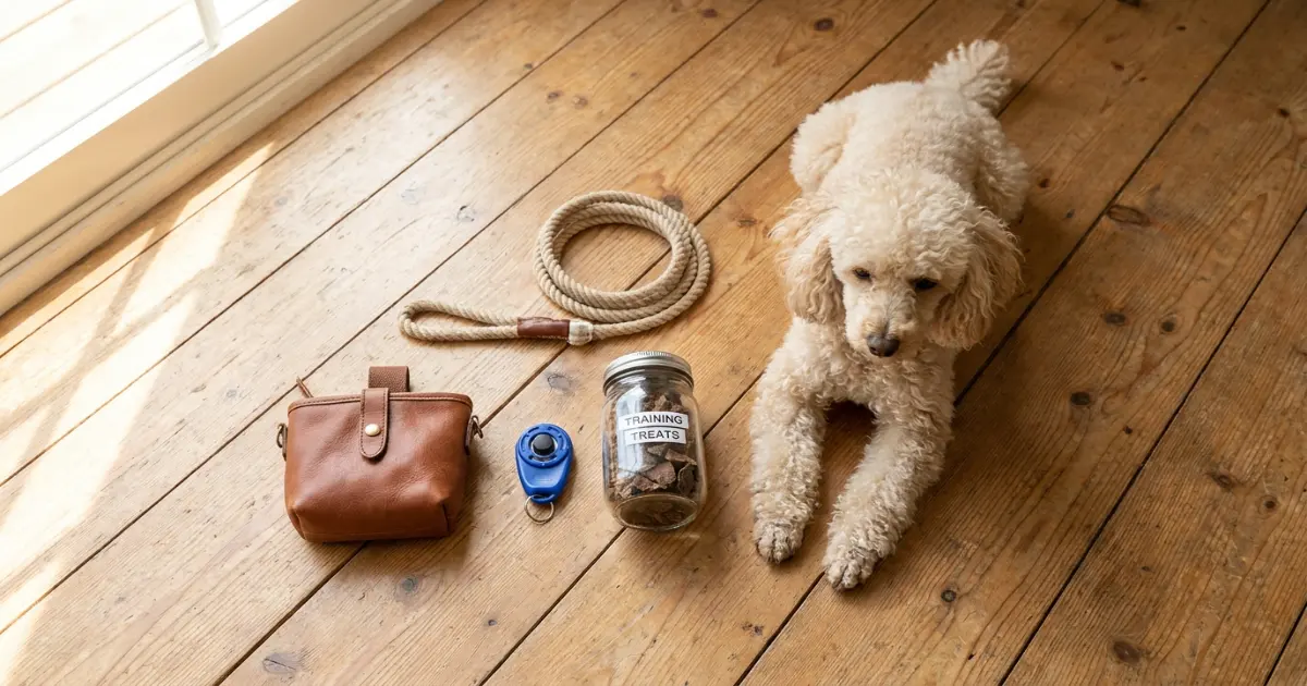 A box clicker and a worn leather treat pouch beside a Miniature Poodle on a wooden floor