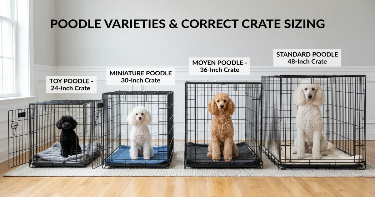 happy poodle puppy relaxing inside an open crate with soft bedding