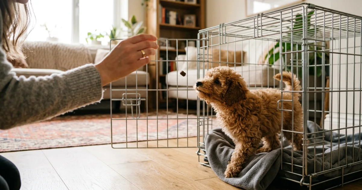 owner tossing a treat into a crate for a curious toy poodle puppy