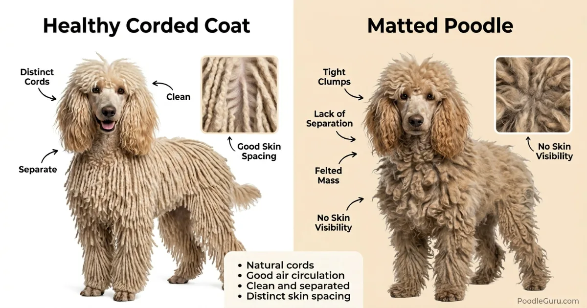 Side by side comparison of clean corded poodle coat vs neglected matted poodle coat