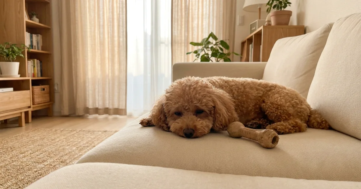 Confident miniature poodle resting peacefully on the sofa during a successful alone-time training session