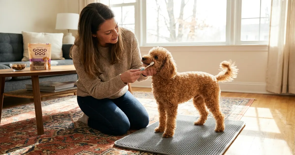Owner brushing a Toy Poodle's teeth with a finger brush
