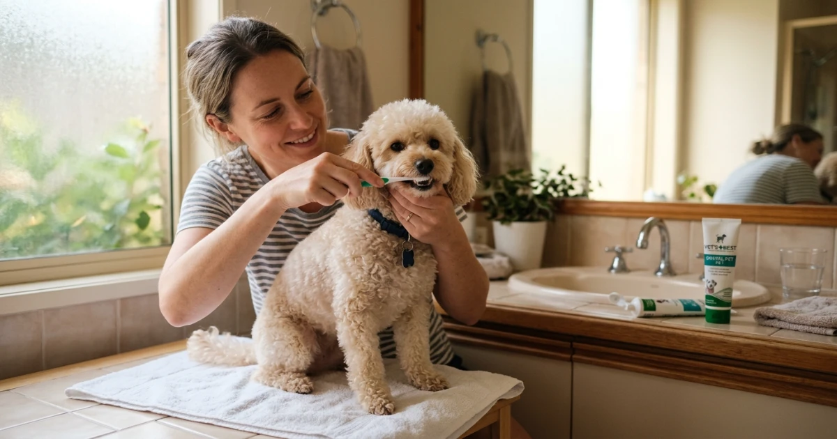 Poodle receiving dental care to prevent bad breath and odor