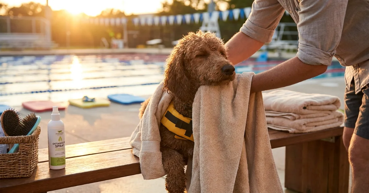 owner gently drying a poodle's curly coat and ears after swimming