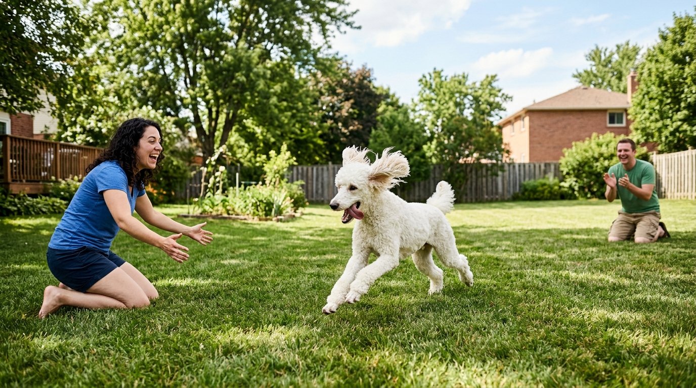 Poodle recall training using a long line in a grassy park with owner calling the dog back