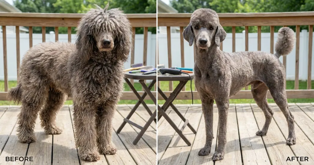 side-by-side of poodle before grooming with overgrown coat and after sporting clip