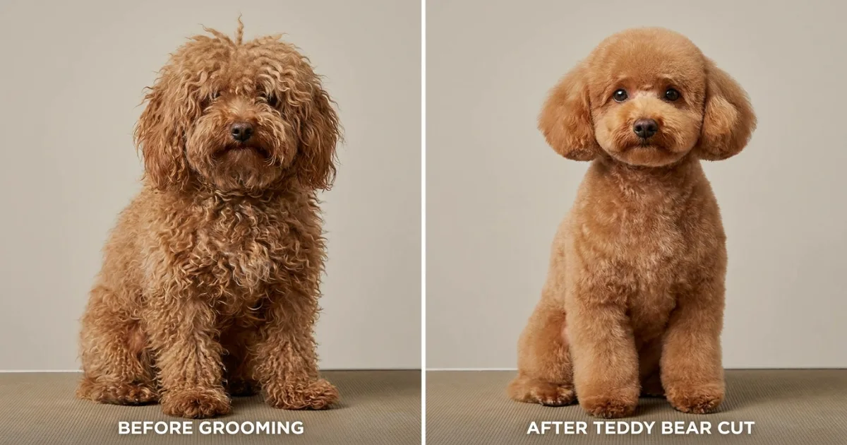 before and after comparison of a poodle before grooming and after receiving the teddy bear cut