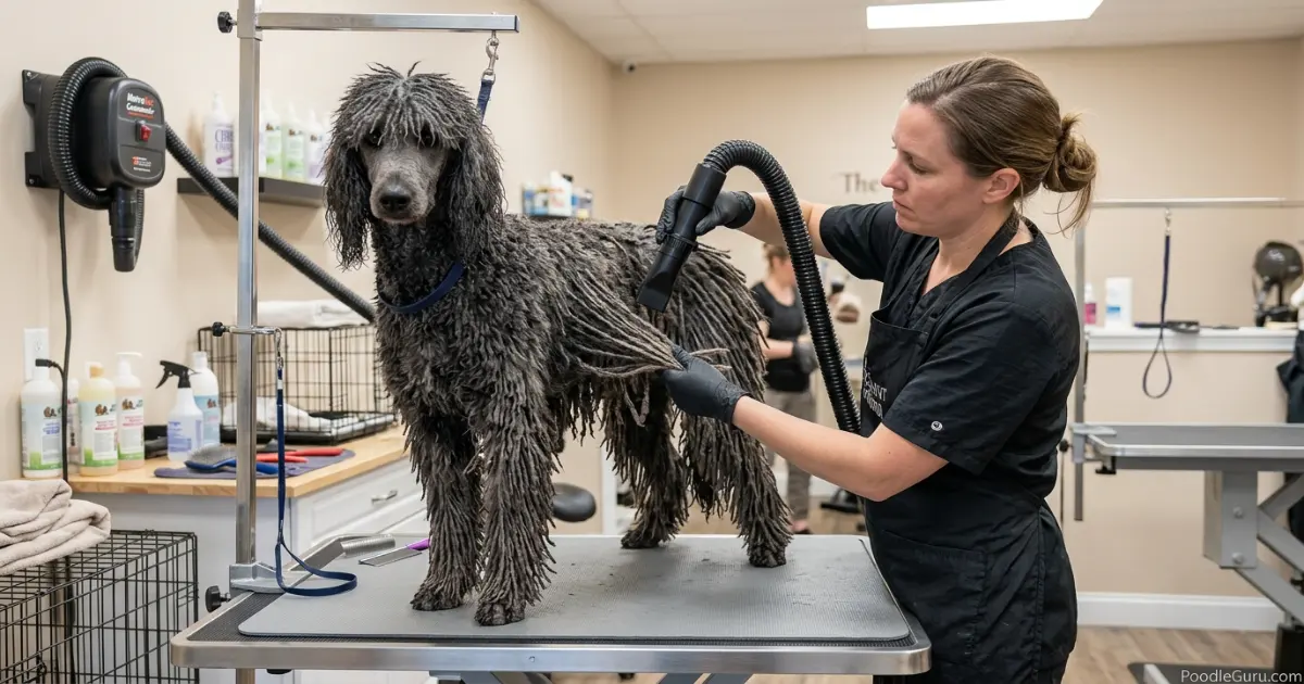 Corded poodle being dried with high-velocity dryer after bath