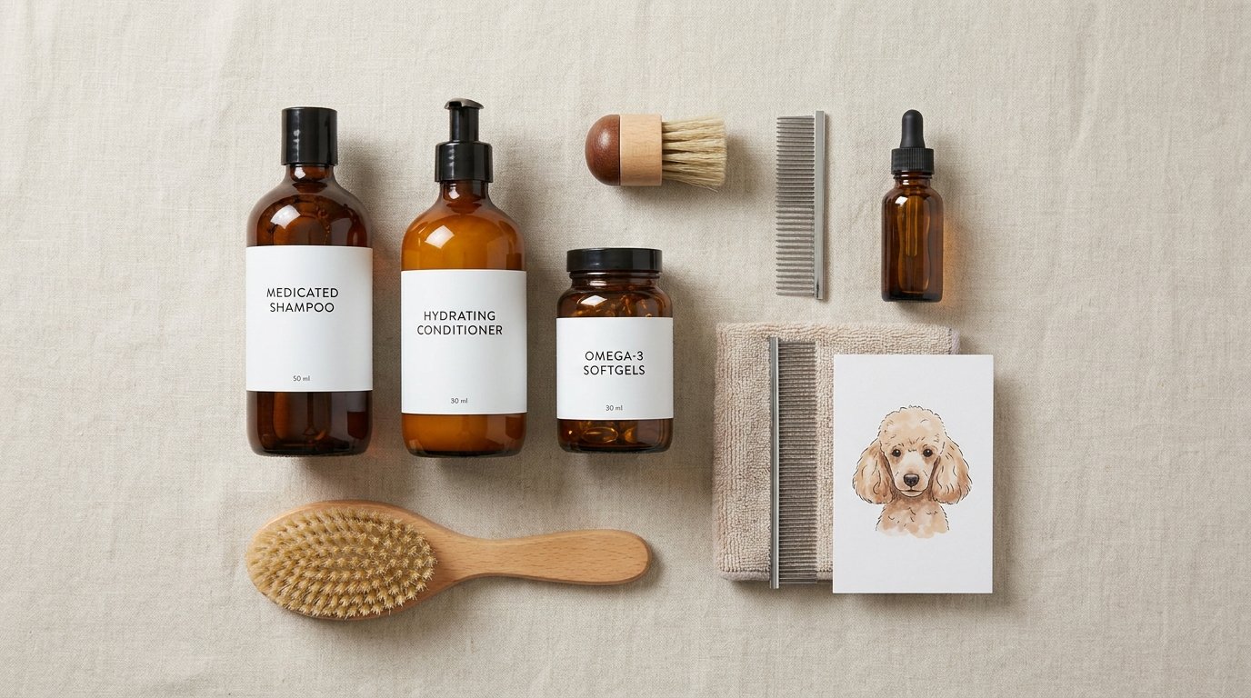 Collection of medicated shampoos conditioners and supplements used for managing poodle sebaceous adenitis