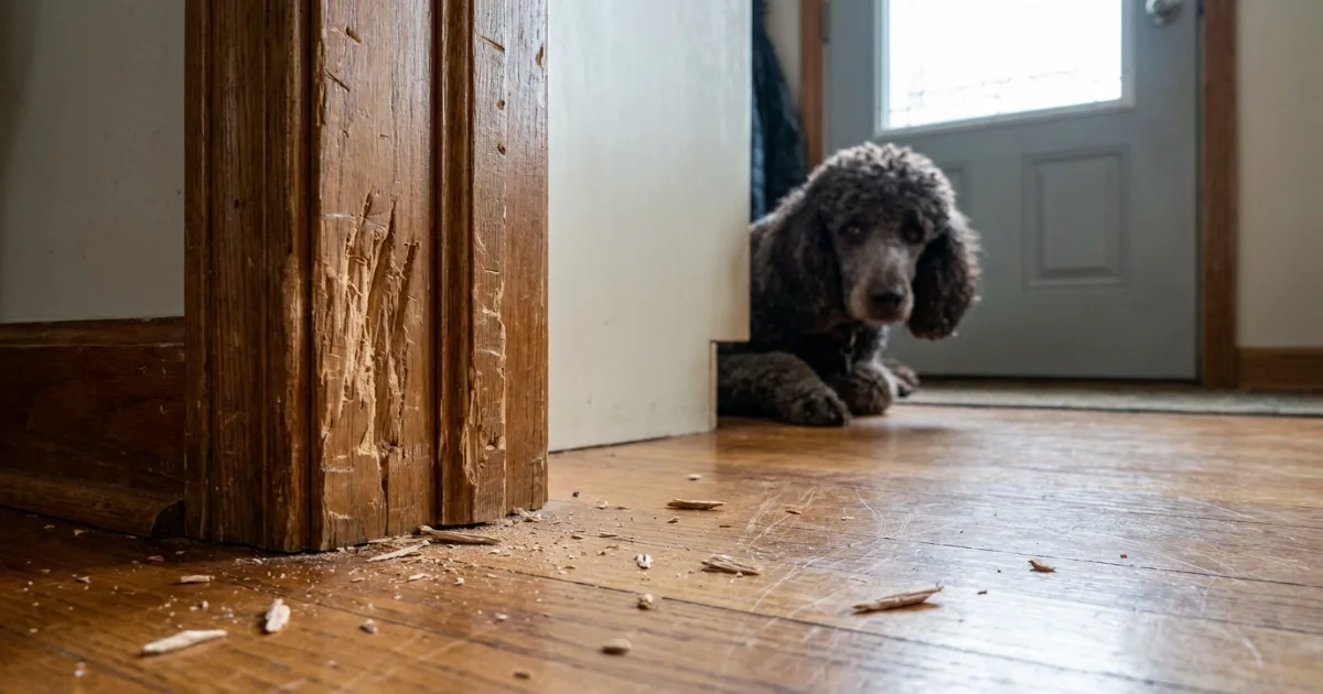Chewed doorframe and scratched door caused by a Standard Poodle with separation anxiety