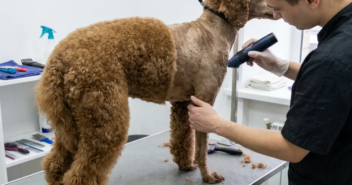 happy poodle after sporting clip sitting beside grooming table outdoors