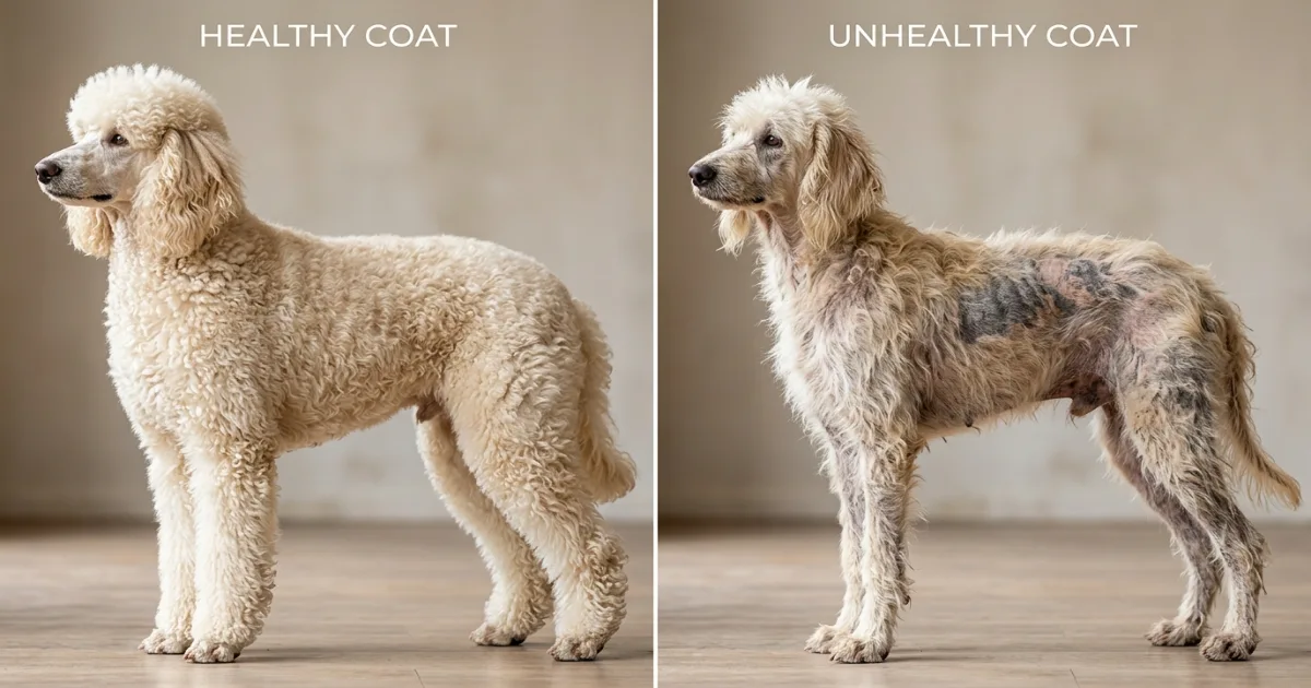Side view of a poodle showing the classic pot-bellied appearance due to Cushing's disease