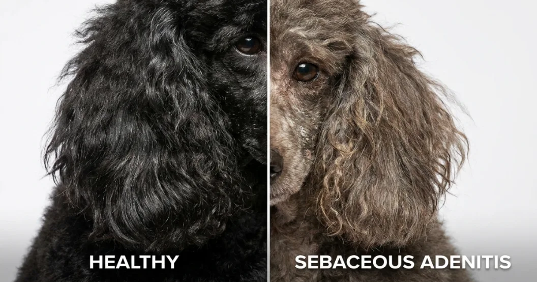Side-by-side comparison of hyperkeratotic scaling and hypotrichotic hair thinning in poodles with sebaceous adenitis