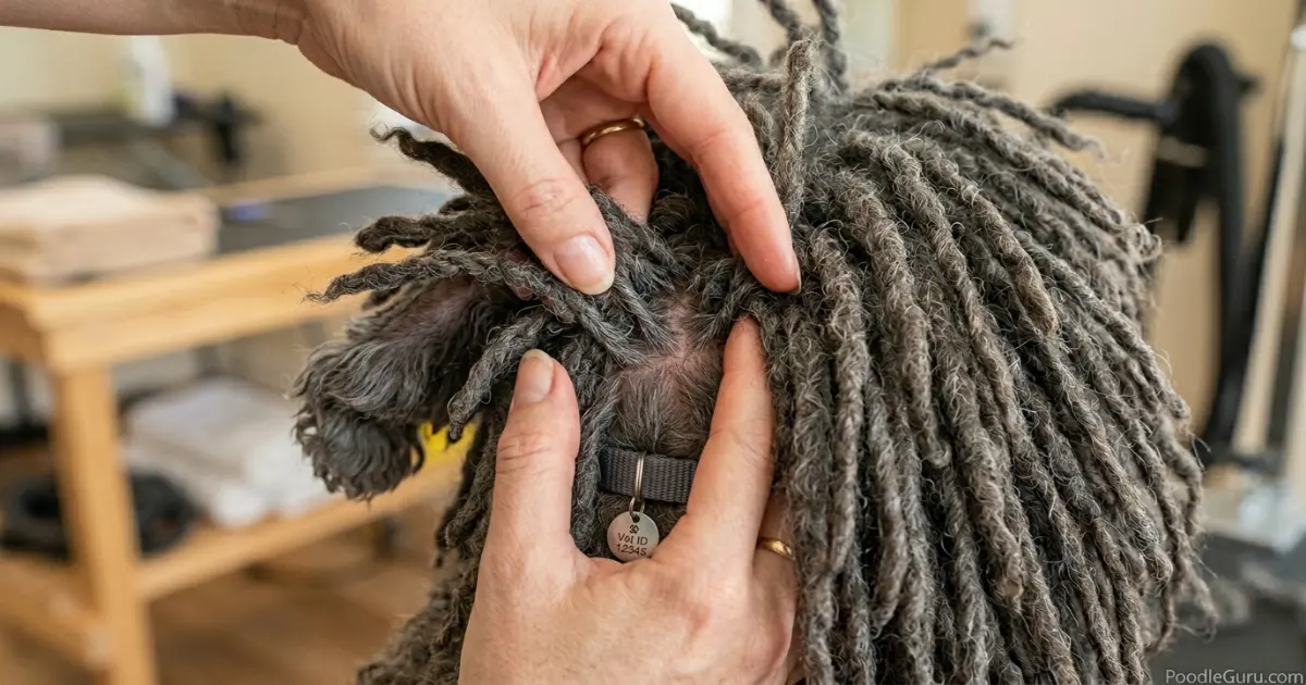 Young poodle with coat starting to cord, cords just beginning to form