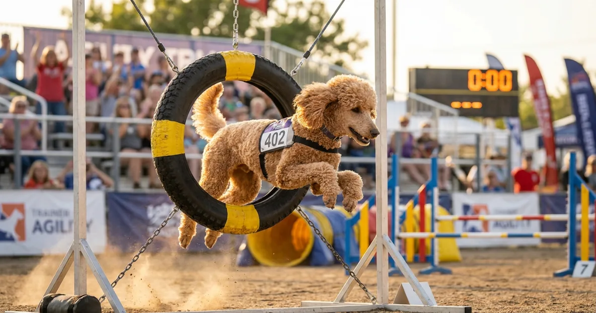 Poodle competing in agility trial clearing a tire jump