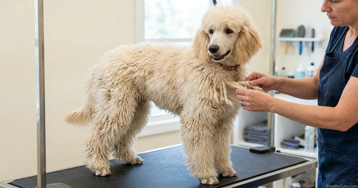 Close-up of healthy clean poodle cords showing separation and skin breathing