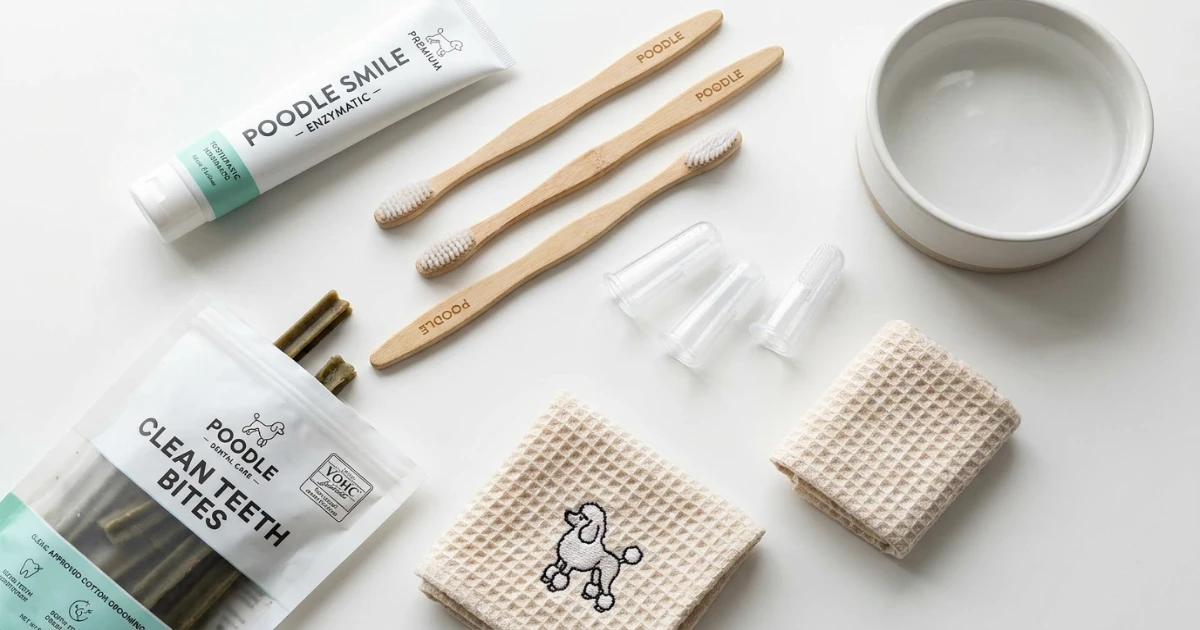 Assortment of dog toothbrushes, finger brushes, and enzymatic toothpaste for poodles