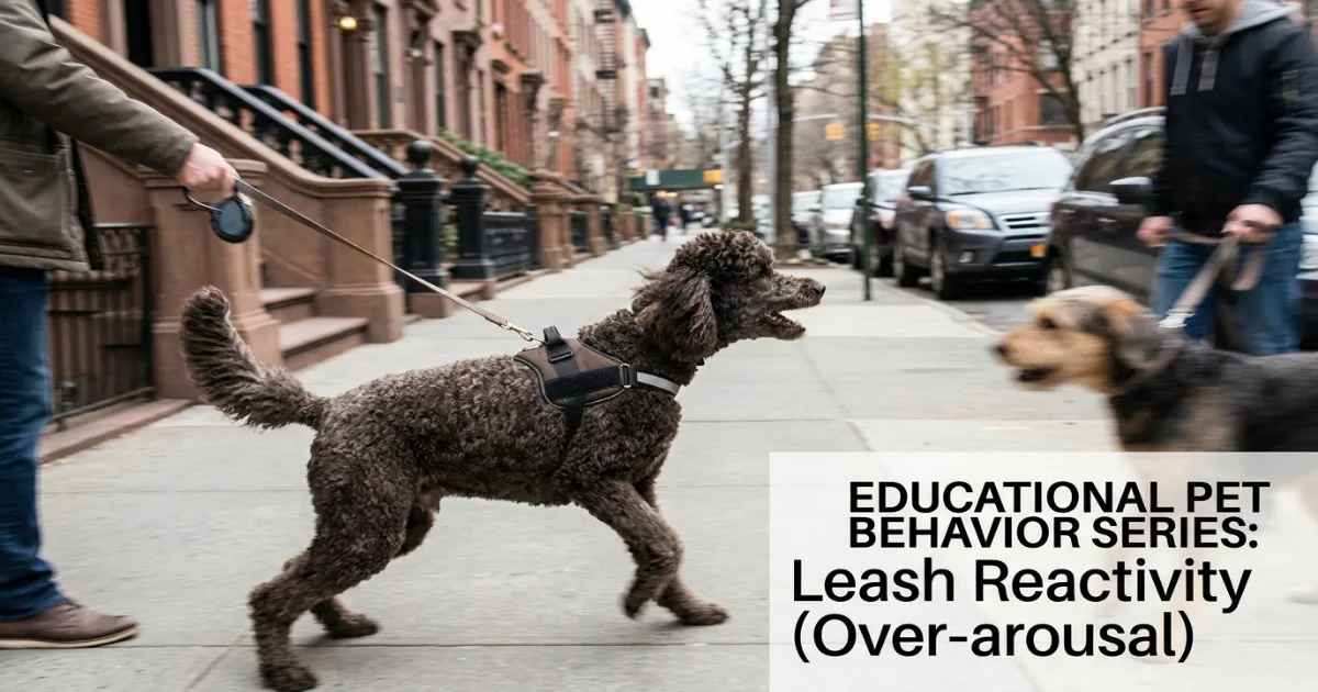 standard poodle exhibiting leash reactivity by barking and lunging toward a trigger on a walk