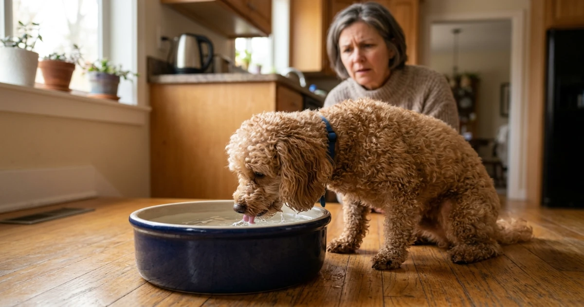 Veterinarian gently examining a poodle's abdomen during a Cushing's disease workup