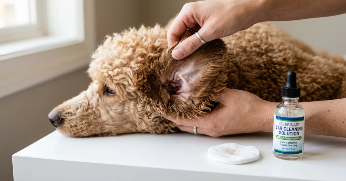 Veterinarian examining a poodle for skin condition causing odor