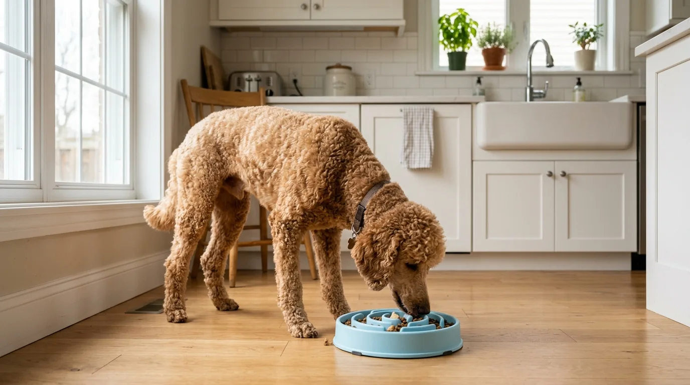 Standard Poodle eating from a slow-feeder bowl to help prevent bloat and air gulping