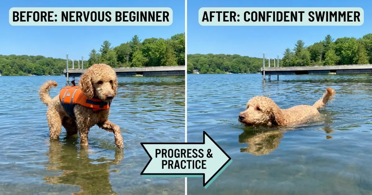 poodle puppy wearing life vest standing in shallow water with encouraging owner