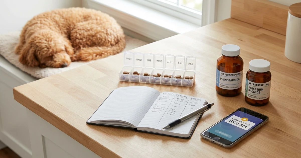 Seizure tracking journal and weekly pill organizer on a kitchen counter for managing poodle epilepsy medication schedule