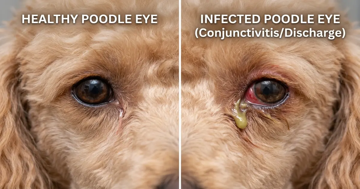 Owner's hand gently wiping a Poodle's eye with a damp cotton pad