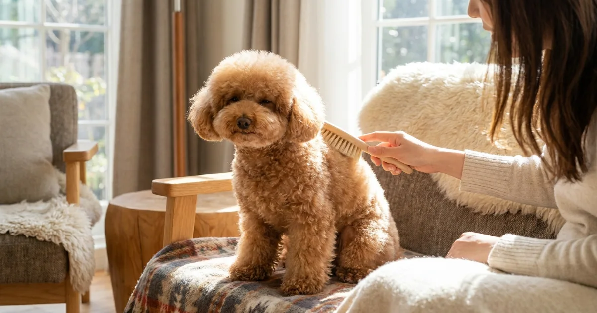 owner brushing a poodle's teddy bear cut to maintain fluffiness and prevent mats