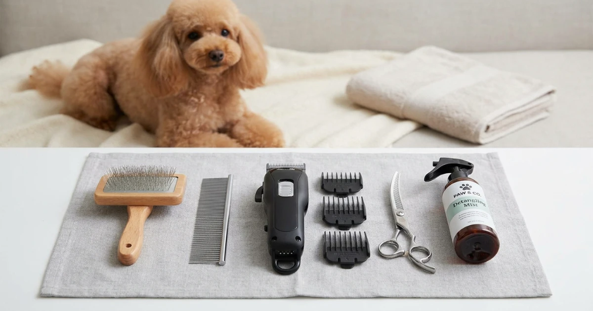 Collection of Poodle grooming tools including slicker brush, comb, and clippers for lion clip upkeep