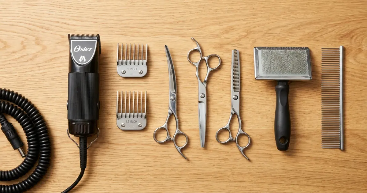 grooming tools needed for a poodle teddy bear cut including clippers scissors and comb attachments