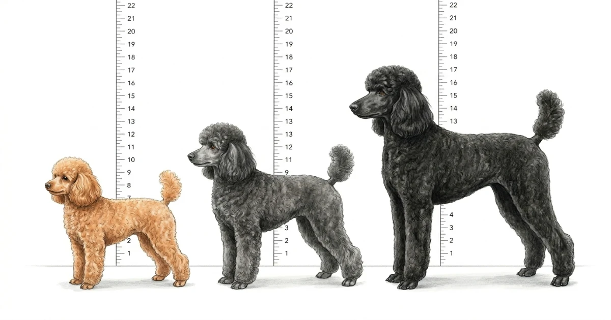 Poodle puppy growth chart showing toy miniature and standard size comparison at different ages
