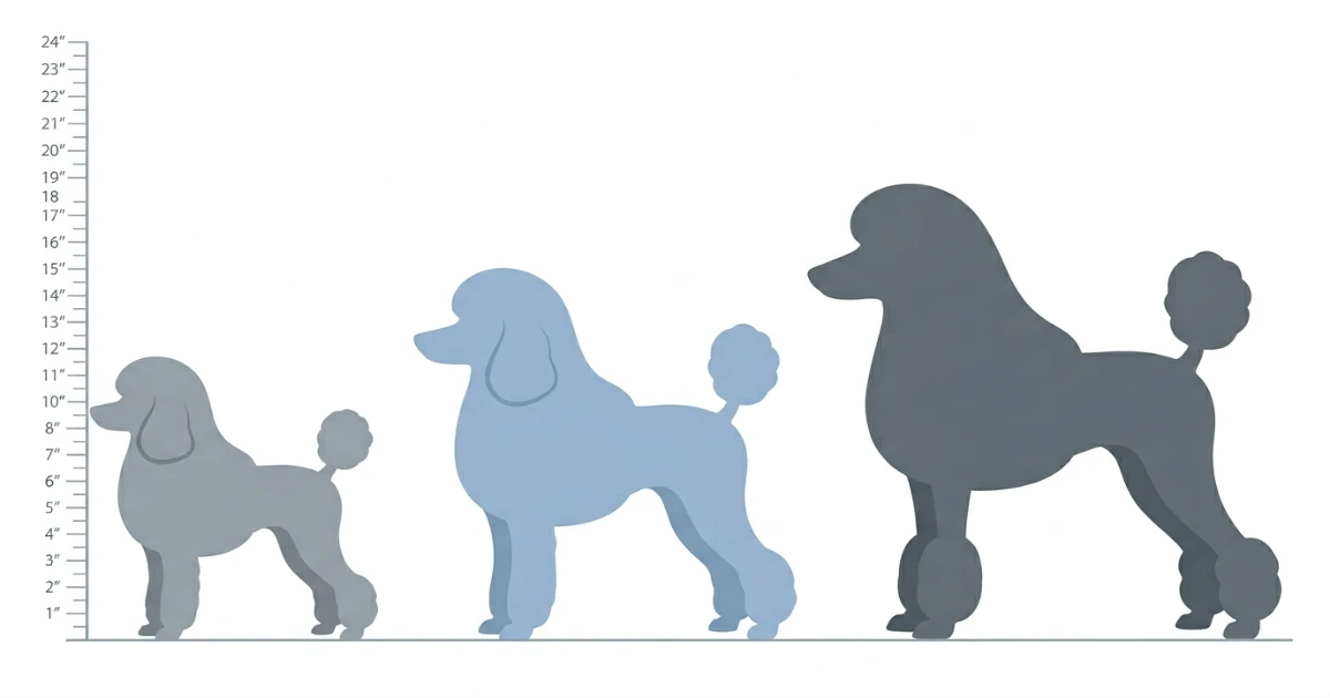 Moyen poodle and miniature poodle standing next to each other for size comparison