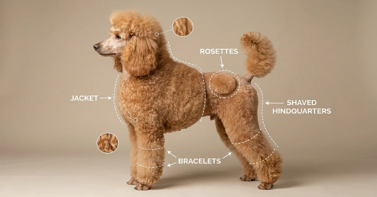 Line diagram showing placement of jacket, rosettes, bracelets, and shaved areas in a poodle continental clip