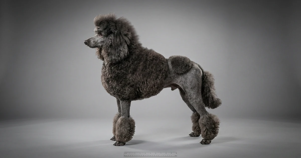 Standard Poodle in a traditional lion clip showing shaved hindquarters, full mane, and leg pompons