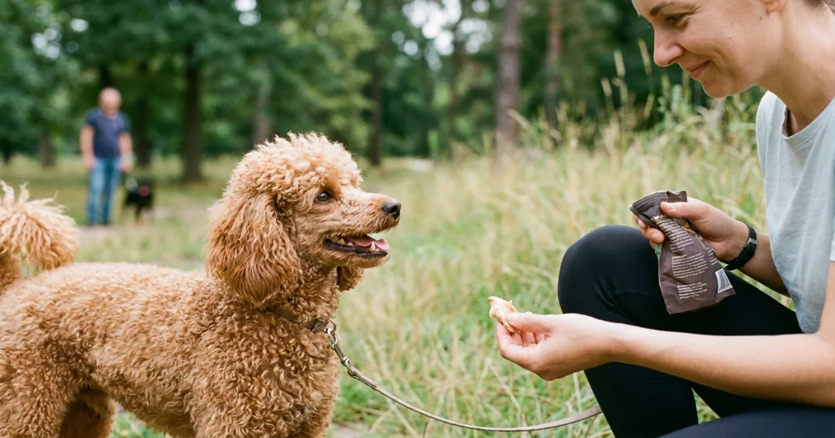 poodle walking calmly on loose leash next to owner after leash reactivity training